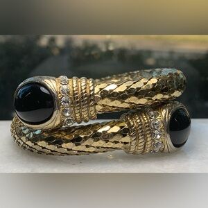 Vintage 80s Gold Textured Cuff Bracelet Black Cabochon Rhinestone Statement